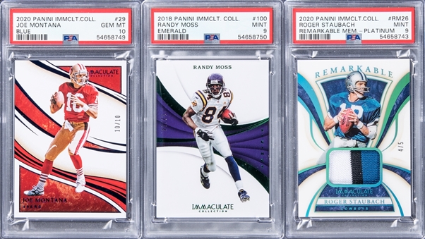2018-20 Panini "Immaculate Collection" Football PSA-Graded High Grade Trio (3 Different) – Including Joe Montana, Randy Moss and Roger Staubach